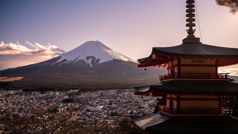 Japanese landscape of beautiful Chureito red Pagoda and Mt. Fuji at Japan